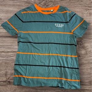Guess Men's Teal and Orange Striped Tee